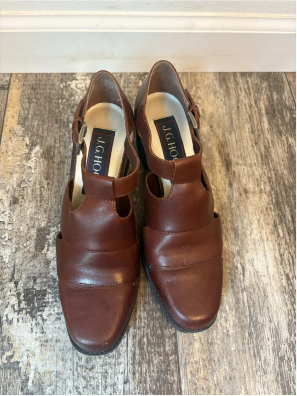 JG Hook Vintage Leather T-Strap Block Heel Shoes Size 9 Brown